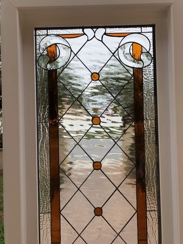The "Amber Diamond & Jewels " Mission Beveled Leaded Stained Glass Window (Insulated In Tempered Glass & Vinyl Framed)