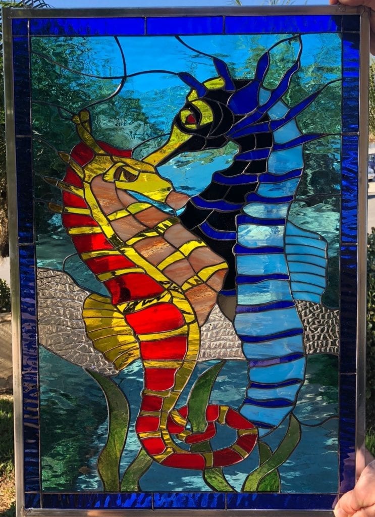 Colorful! Seahorses Leaded Stained Glass Window Panel