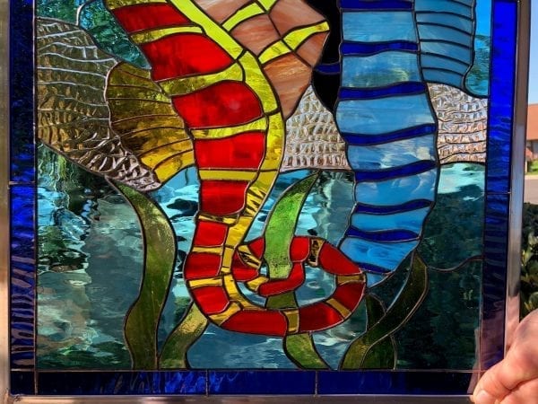 Colorful! Seahorses Leaded Stained Glass Window Panel