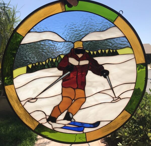 Snow Skier Leaded Stained Glass Window Panel