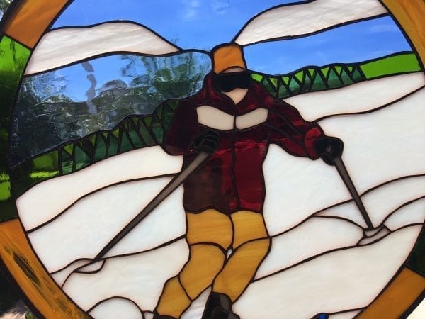 Snow Skier Leaded Stained Glass Window Panel