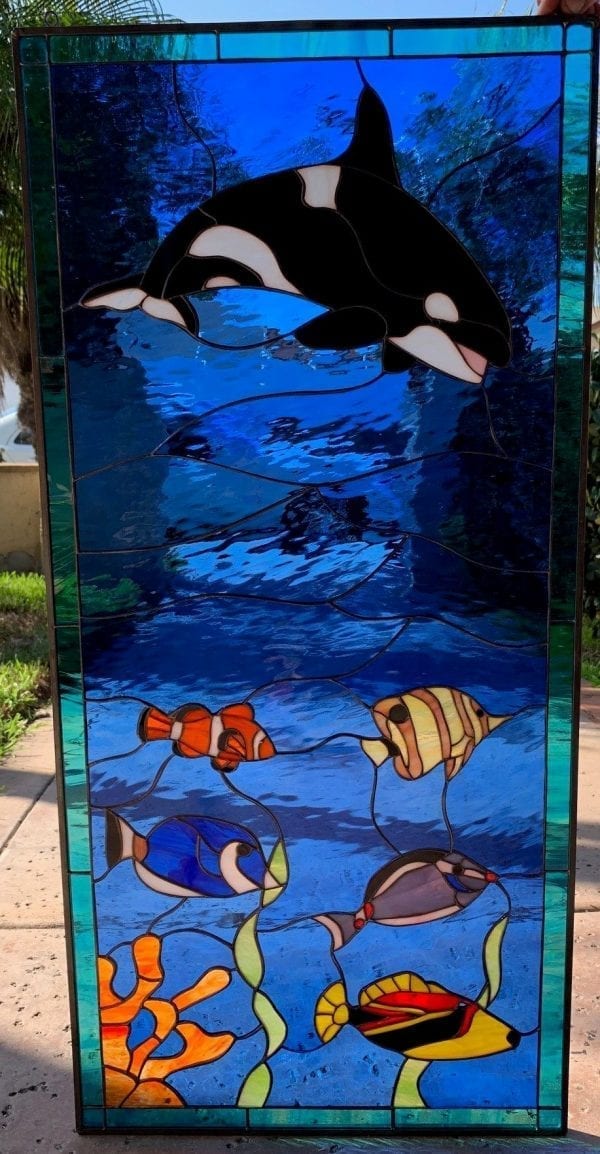 Orca whale & Clown, & Triggerfish Leaded Stained Glass leaded Window Panel