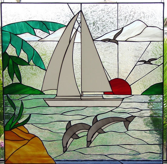 Sailboat In Paradise Leaded Stained Glass Window Panel