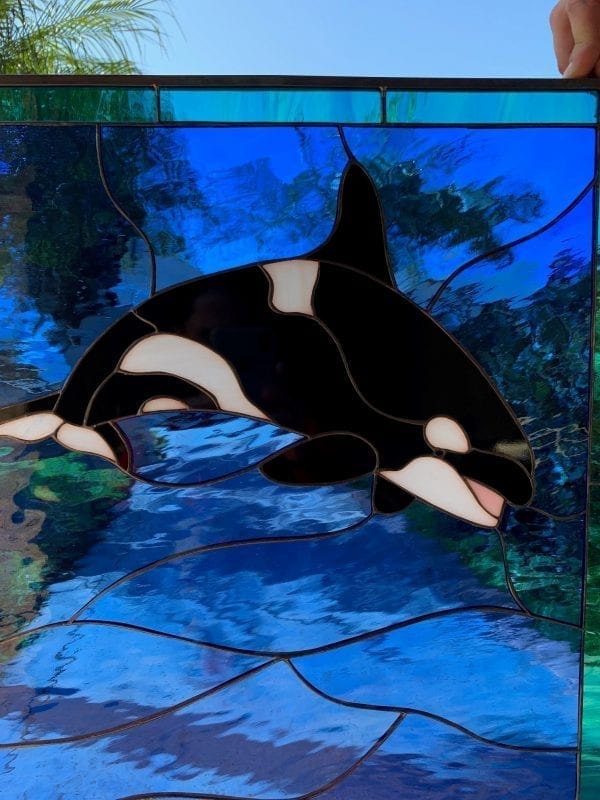 Orca whale & Clown, & Triggerfish Leaded Stained Glass leaded Window Panel