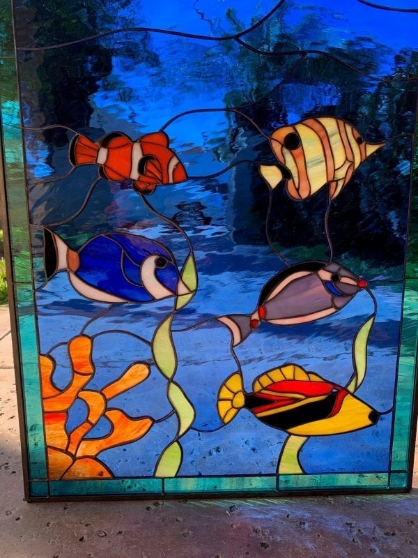 Orca whale & Clown, & Triggerfish Leaded Stained Glass leaded Window Panel