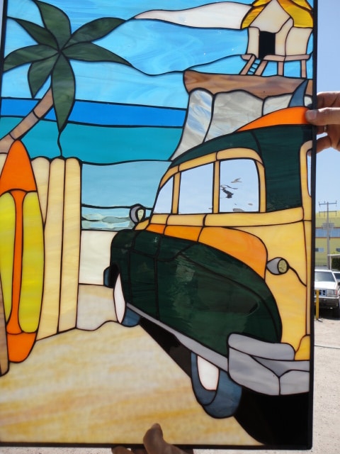 West Coast Woody Beach Car Leaded Stained Glass Window Panel