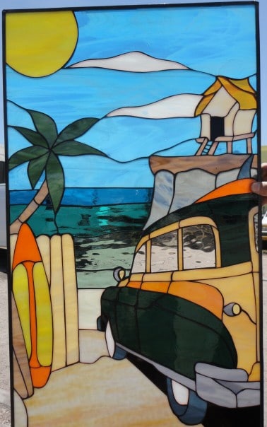 West Coast Woody Beach Car Leaded Stained Glass Window Panel