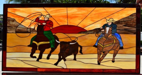 Unique! Cowboys Calf Roping At Sunset Leaded Stained Glass Window Panel
