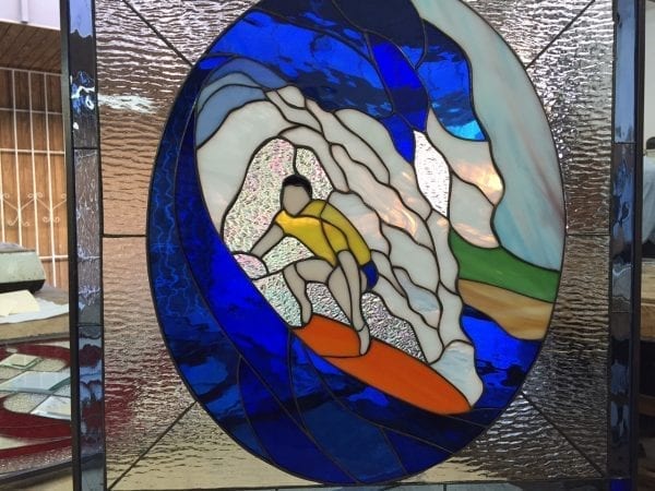 Awesome! "Blue Room" Leaded Stained Glass Surfer Panel