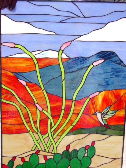 Cactus Blossoms and Hummingbird Leaded Stained Glass Window Panel