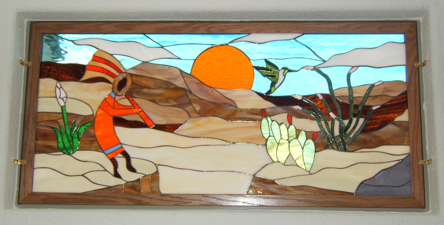 Beautiful Kokopelli & Sunset Southwestern Stained Glass Held In Place With Brass Clips