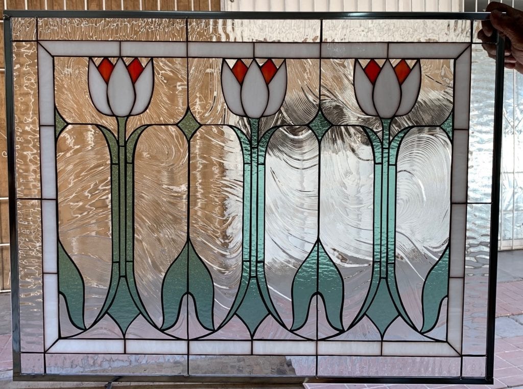 Classic English Tulips Leaded Stained Glass Window Panel
