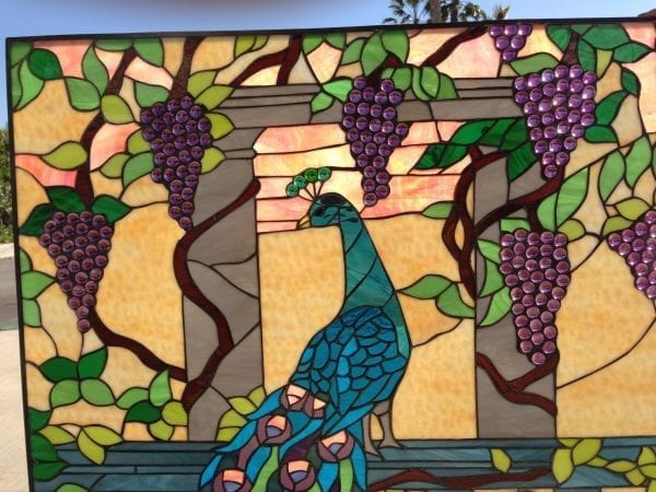 Colorful! Peacock & Grape Cluster Leaded Stained Glass Window