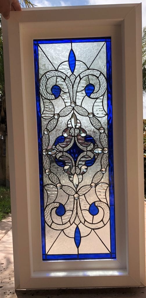 Simply Stunning! The “Victorville” Stained and Beveled Glass Window In Vinyl frame