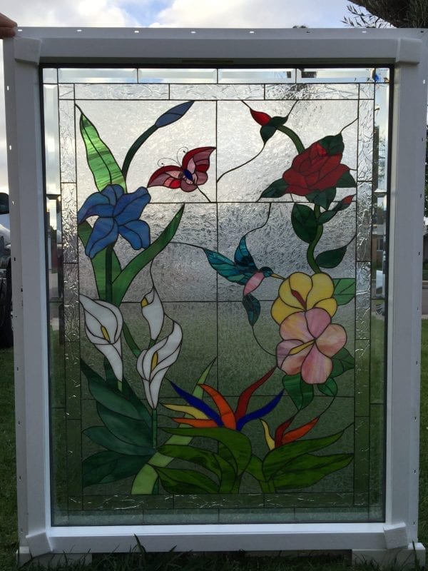 Butterfly, Hummingbird & Flowers Insulated Leaded Stained Glass Window Panel, Pre-installed into a Vinyl Frame