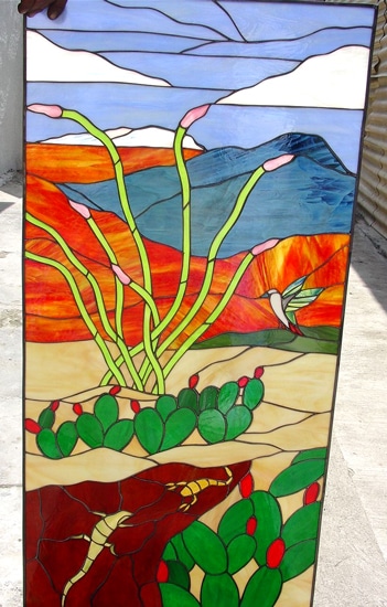 Cactus Blossoms and Hummingbird Leaded Stained Glass Window Panel