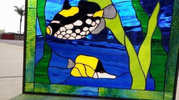 Beautiful! Dolphin, Surgeon, and Pufferfish Leaded Stained Glass Window Panel