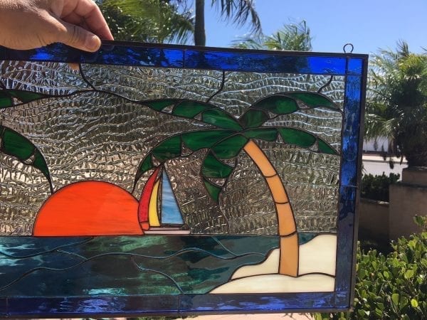So Nice! Tropical Windy Island Palm Trees Leaded Stained Glass Window Panel