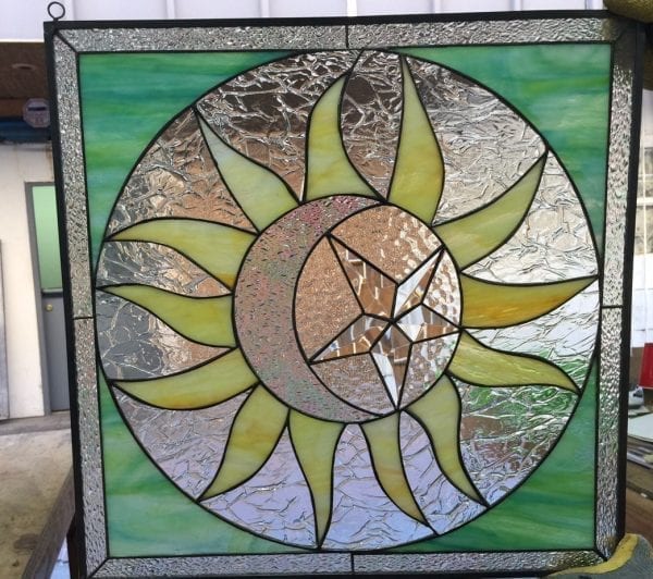 Mystical Sun, Moon & Beveled Star Leaded Stained Glass Window Panel