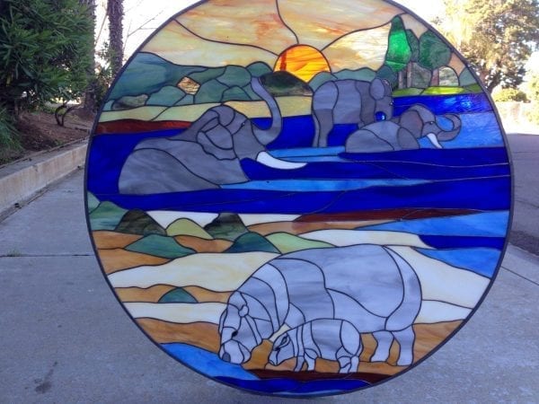 African Elephants, Rhino And Sunset Leaded Stained Glass Window