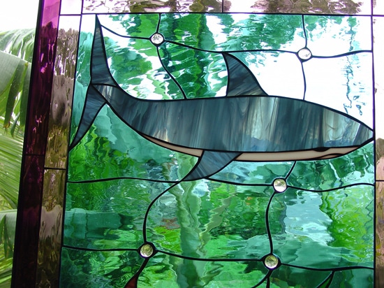 Shark, Crab & Fish Leaded Stained Glass Window Panel