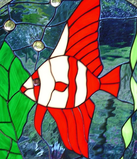 Tropical Fish & Sea Shell Leaded Stained Glass Window Panel