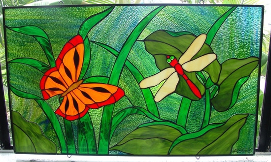 Monarch Butterfly Dragonfly Leaded Stained Glass Window Panel