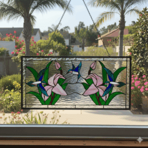 A rectangular leaded stained glass panel depicting two blue and white hummingbirds positioned symmetrically around pink lilies with green leaves. The background is clear, rippled textured glass.