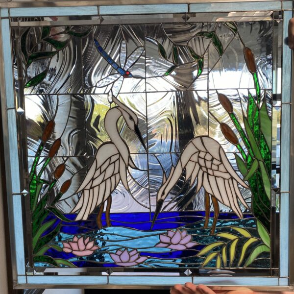White Egret, Dragonfly & Waterlilies Stained Glass Window Panel