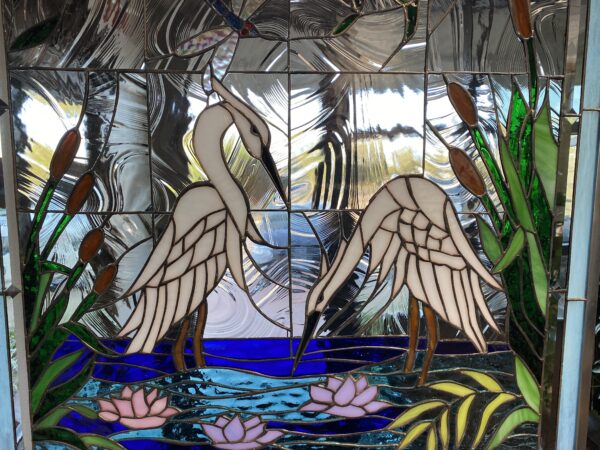 White Egret, Dragonfly & Waterlilies Stained Glass Window Panel