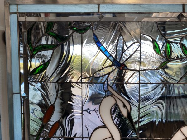 White Egret, Dragonfly & Waterlilies Stained Glass Window Panel