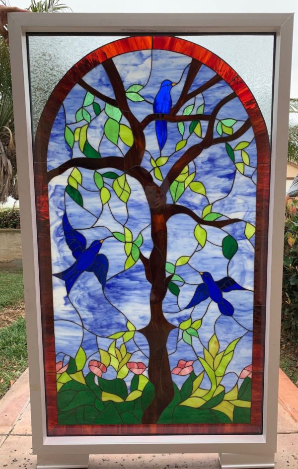 Bluebird Blossom Paradise Stained Glass Window Insulated & Pre-Installed in a Vinyl Frame