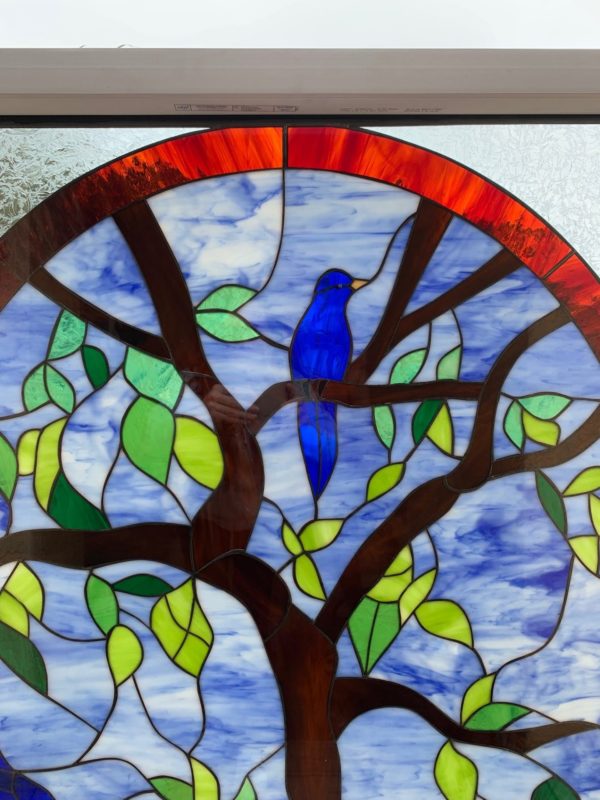 Bluebird Blossom Paradise Stained Glass Window Insulated & Pre-Installed in a Vinyl Frame