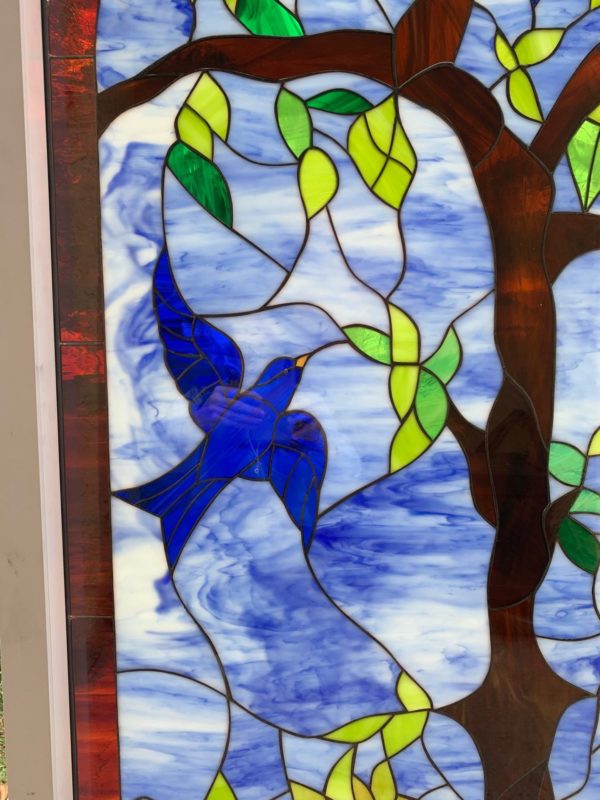 Bluebird Blossom Paradise Stained Glass Window Insulated & Pre-Installed in a Vinyl Frame