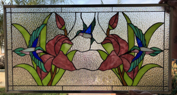 So nice! Mirrored Hummingbird & Lily Stained Glass Window Panel (Personalized with your text)