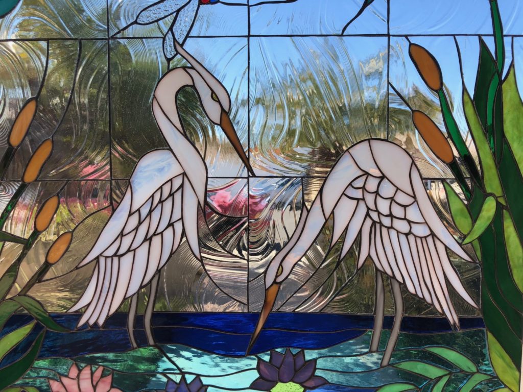 White Egret, Dragonfly & Waterlilies Stained Glass Window Panel