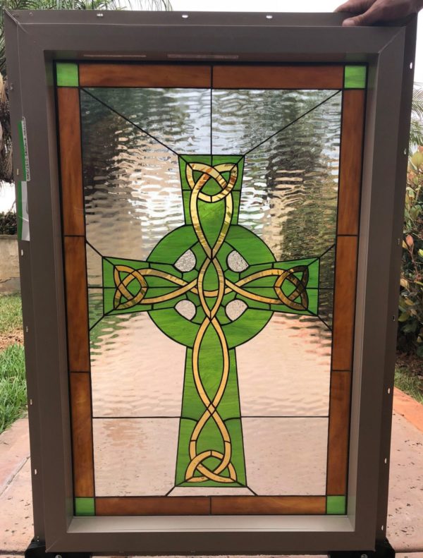 Exquisite Celtic Cross Stained Glass Window Insulated & Pre-Installed in a vinyl Frame (Insulated In Tempered Glass & Vinyl Framed)