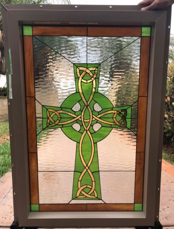 Exquisite Celtic Cross Stained Glass Window Insulated & Pre-Installed in a vinyl Frame (Insulated In Tempered Glass & Vinyl Framed)