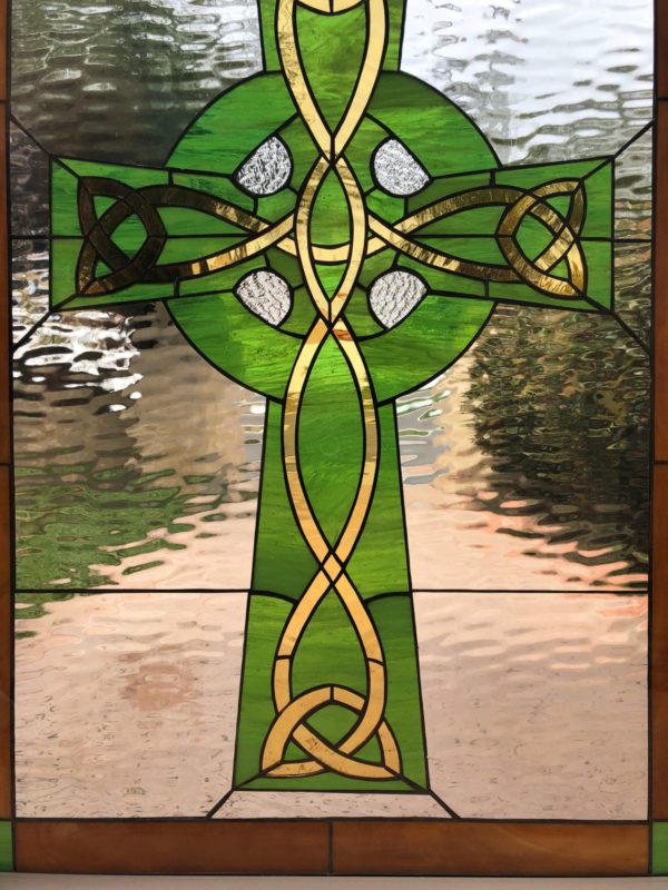 Exquisite Celtic Cross Stained Glass Window Insulated & Pre-Installed in a vinyl Frame (Insulated In Tempered Glass & Vinyl Framed)
