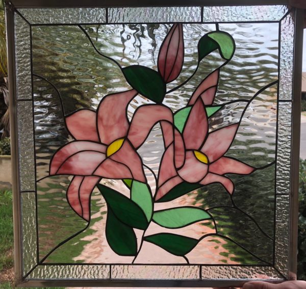 Gorgeous! Pink Stargazer Lily Flower Stained Glass Window Panel