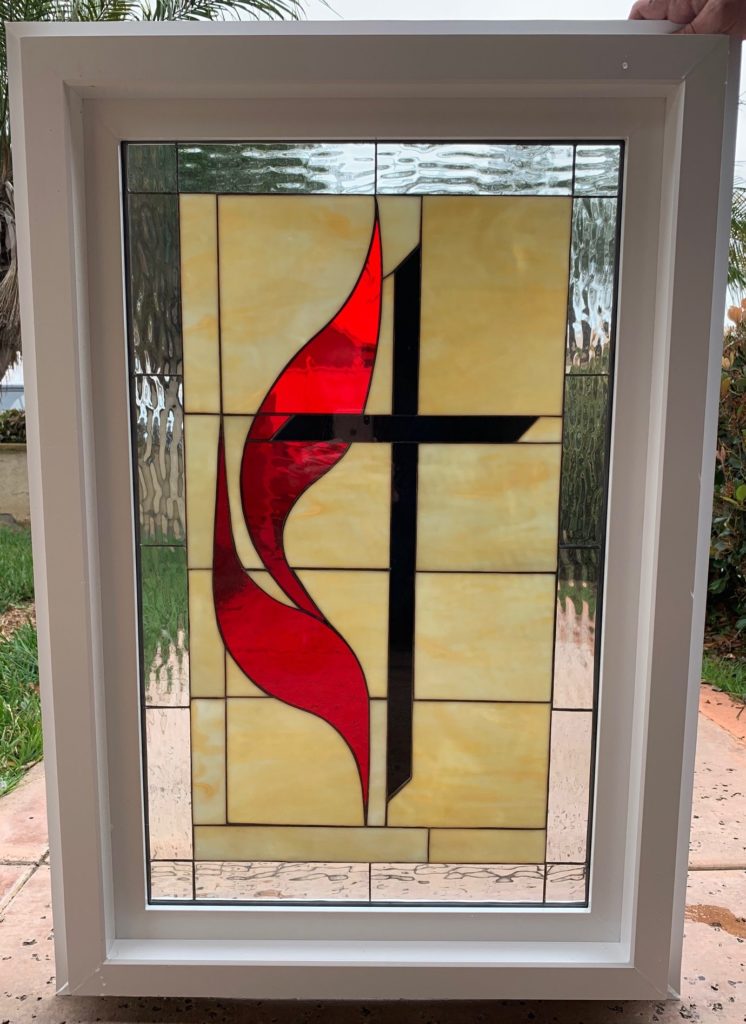 Pretty! Methodist Cross Stained Glass Window (Insulated In Tempered Glass & Vinyl Framed)