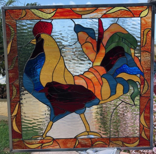 Unique! Colorful Rooster Leaded Stained Glass Window Panel