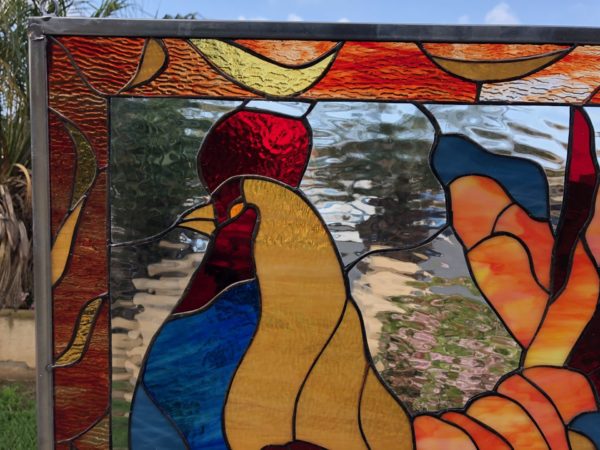 Unique! Colorful Rooster Leaded Stained Glass Window Panel