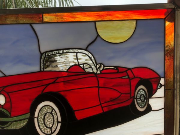 Classic Red Corvette Stained Glass Window Panel