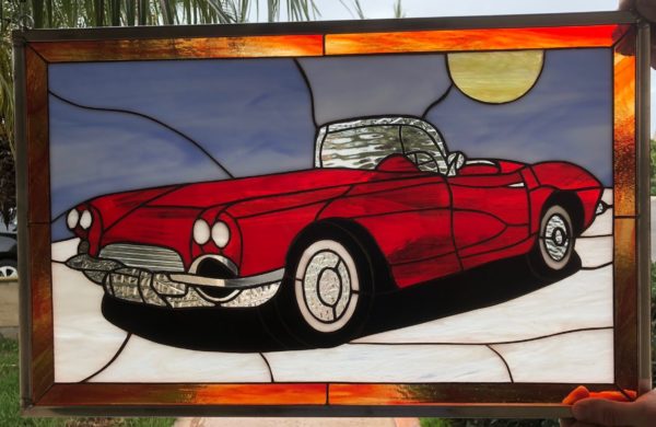 Classic Red Corvette Stained Glass Window Panel