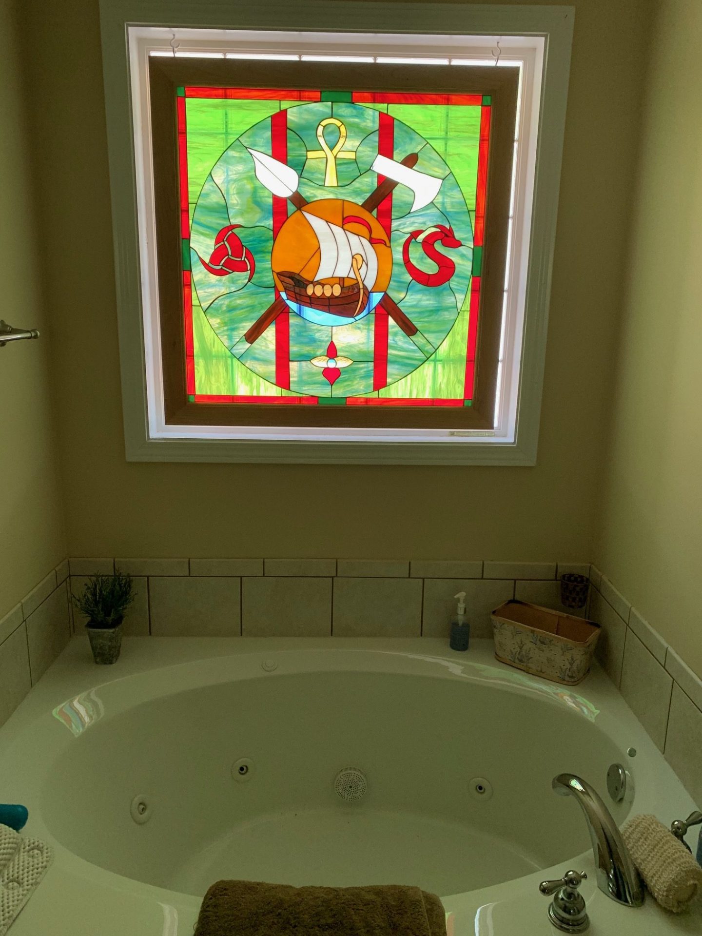 Unique! Viking Theme stained Glass Bathroom Window For Privacy & Beauty
