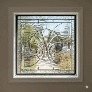 A square leaded glass window with a large, stylized scallop shell as its centerpiece. The entire panel is made from clear glass, with the shell being crafted from sparkling bevels set against a wavy, textured background.