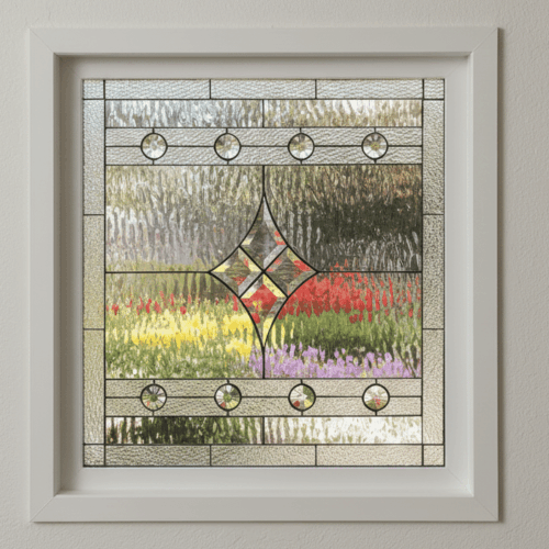 A square, insulated vinyl window containing a leaded glass panel. The panel has a symmetrical design with a central beveled diamond cluster and two rows of circular beveled jewels, all made from clear, textured privacy glass.