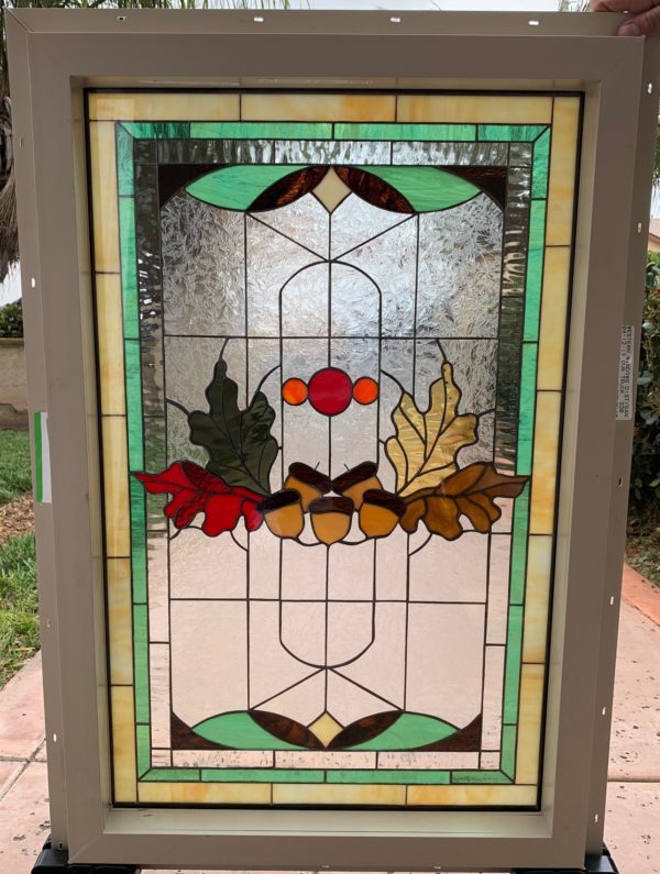 Acorns & Autumn Leaves Stained Glass Window (Insulated In Tempered Glass & Vinyl Framed)