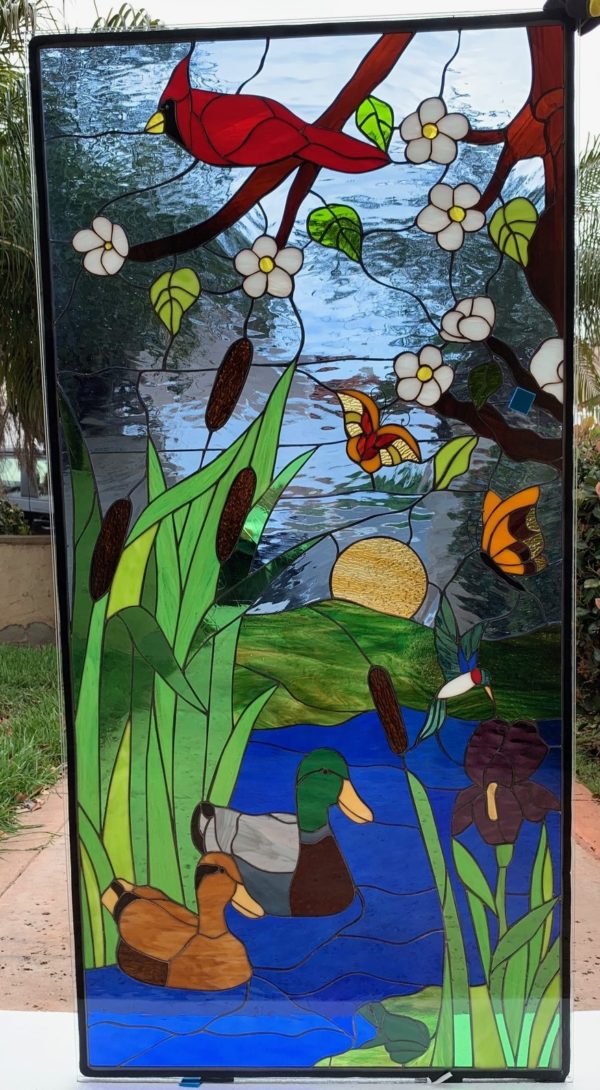 Mallard Ducks & Red Cardinal Stained Glass Window Panel